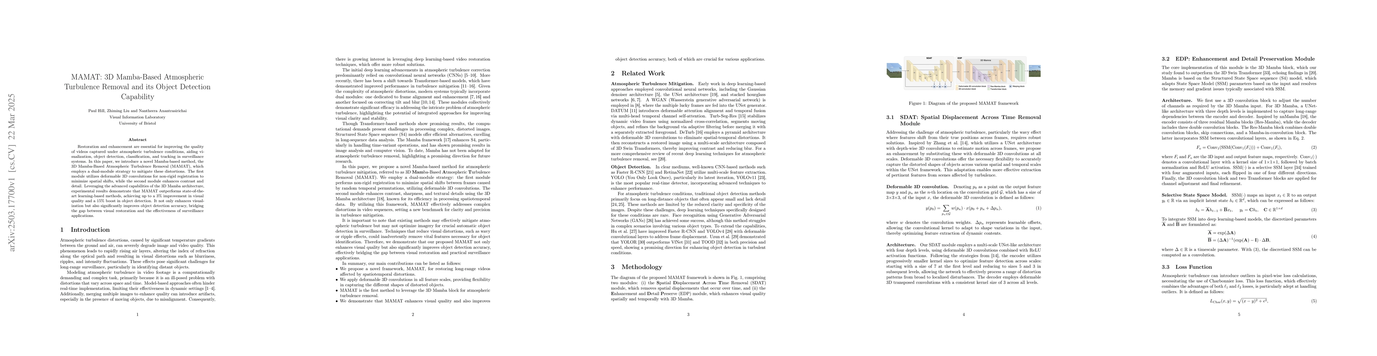 Thumbnail for MAMAT: 3D Mamba-Based Atmospheric Turbulence Removal and its Object
  Detection Capability