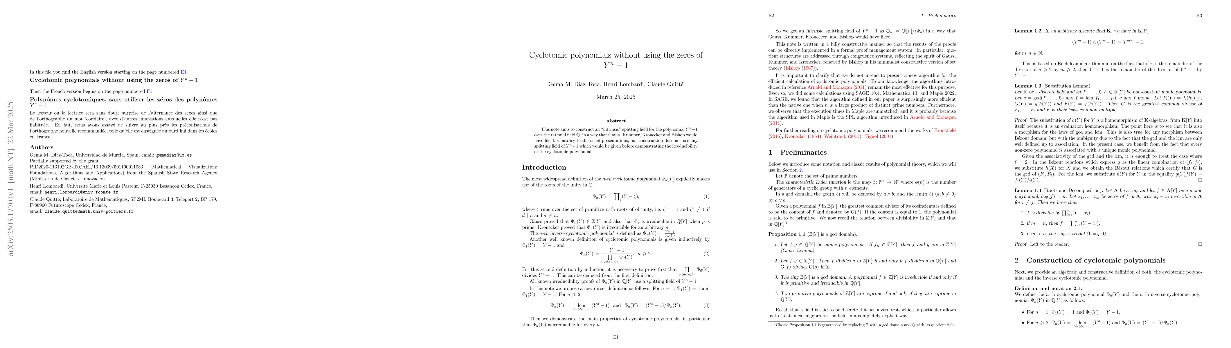 Thumbnail for Cyclotomic polynomials without using the zeros of $Y^n-1$