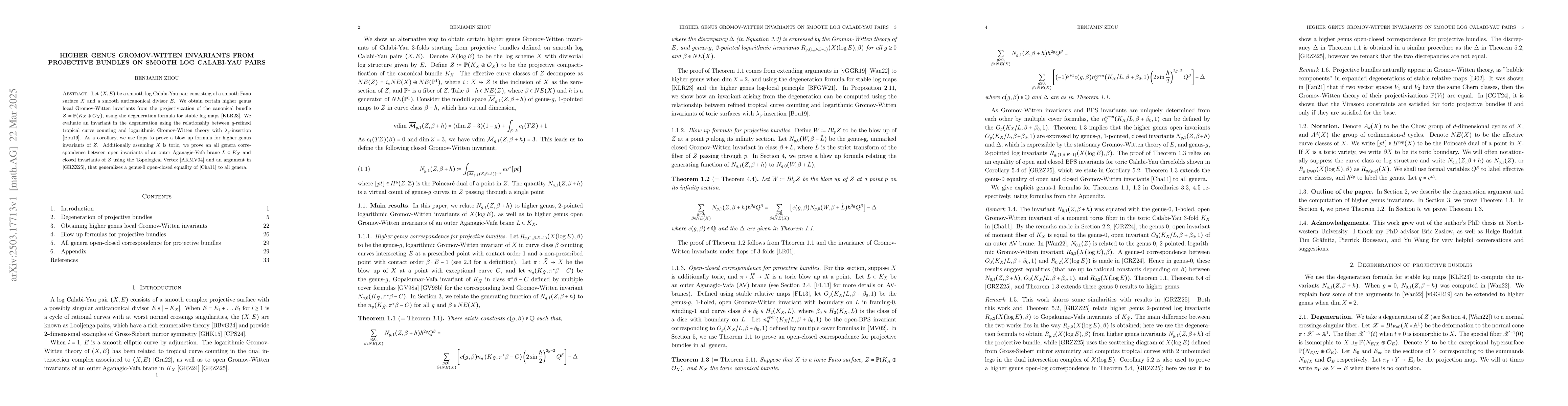 Thumbnail for Higher genus Gromov-Witten invariants from projective bundles on smooth
  log Calabi-Yau pairs