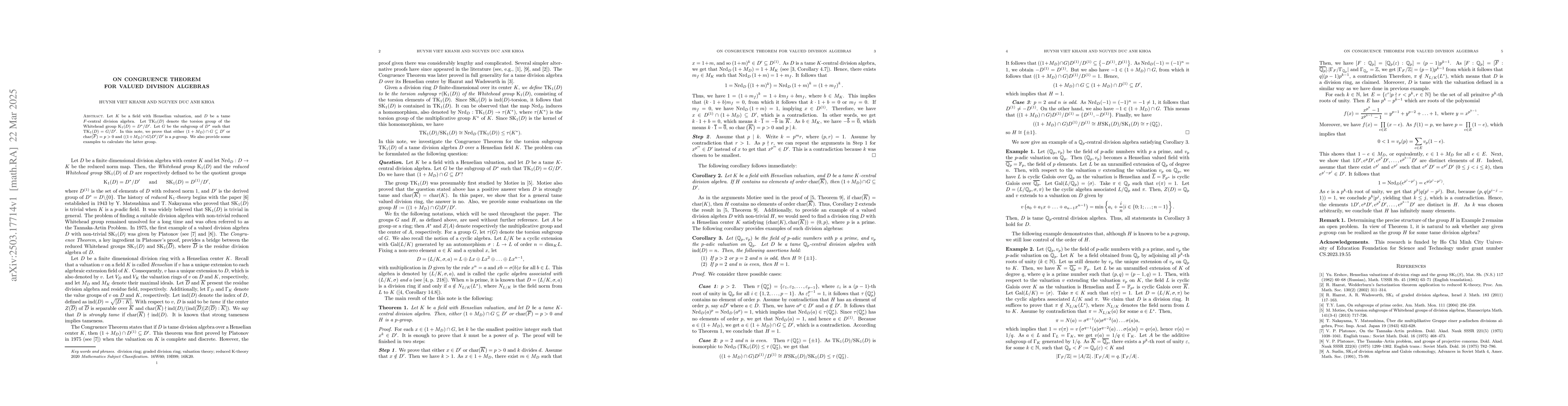 Thumbnail for On Congruence Theorem for valued division algebras