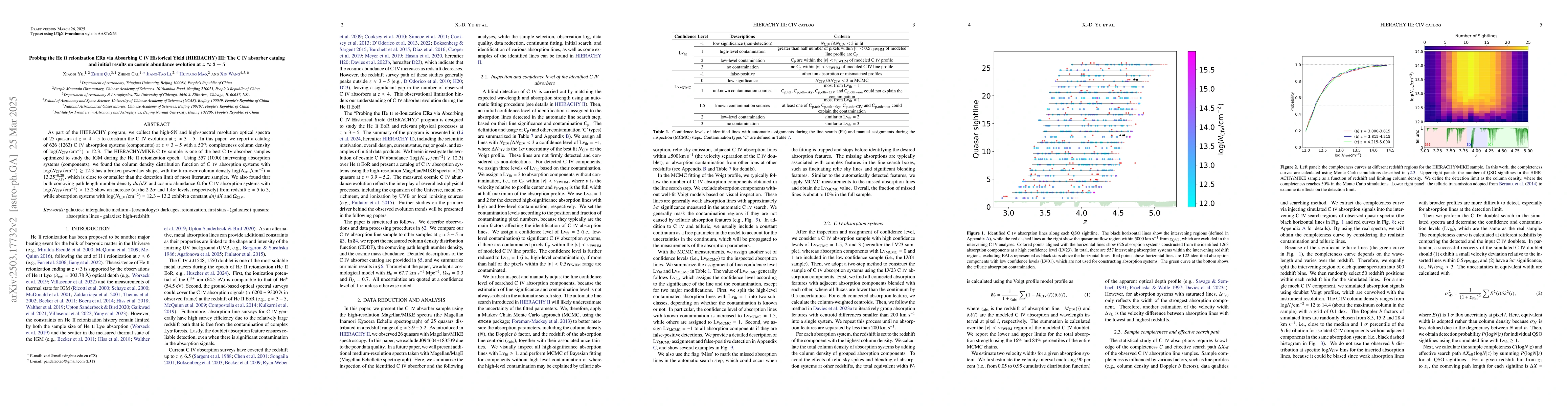 Thumbnail for Probing the He II reionization ERa via Absorbing C IV Historical Yield
  (HIERACHY) III: The C IV absorber catalog and initial results on cosmic
  abundance evolution at $z\approx 3-5$