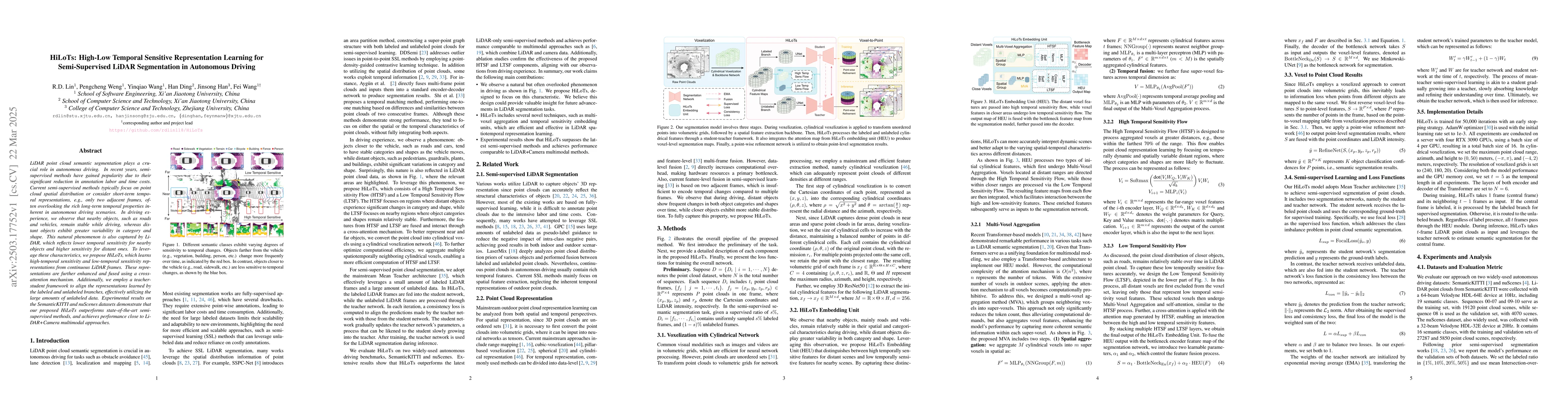 Thumbnail for HiLoTs: High-Low Temporal Sensitive Representation Learning for
  Semi-Supervised LiDAR Segmentation in Autonomous Driving
