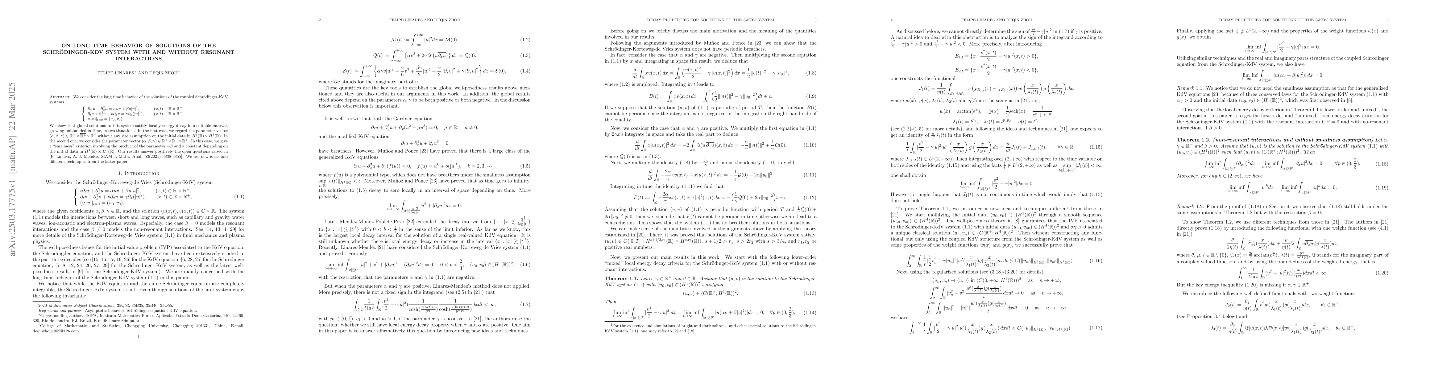 Thumbnail for On long time behavior of solutions of the Schrödinger-KdV system with
  and without resonant interactions