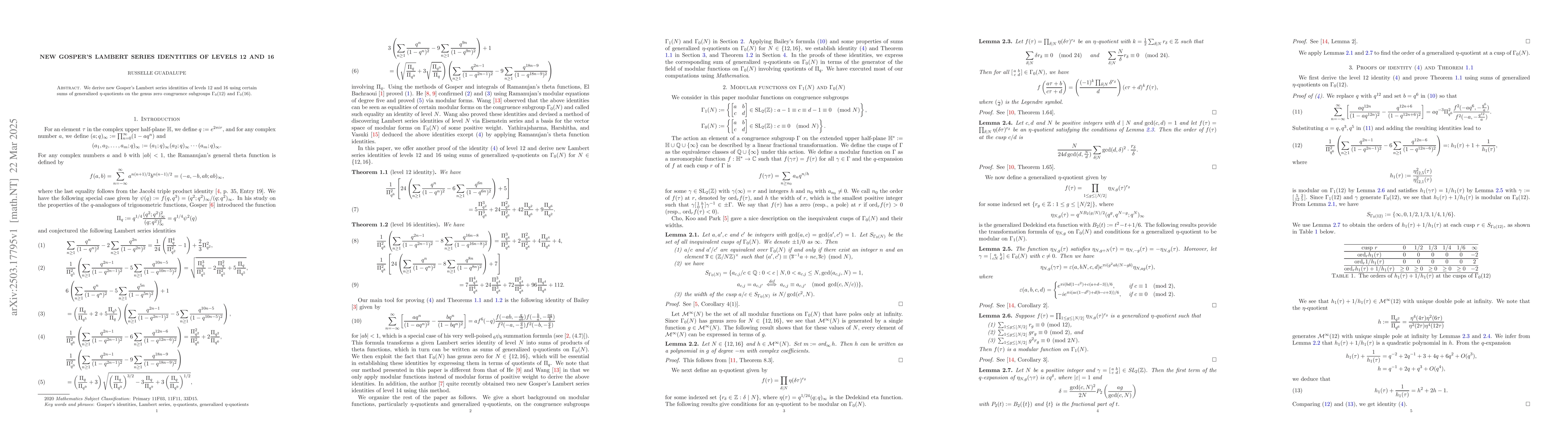 Thumbnail for New Gosper's Lambert series identities of levels 12 and 16