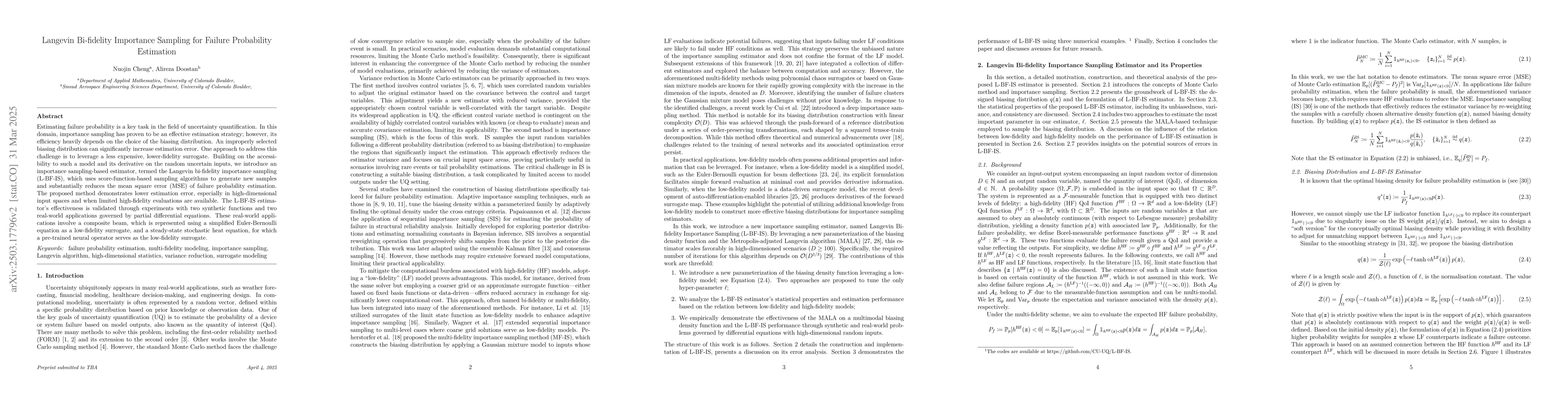 Thumbnail for Langevin Bi-fidelity Importance Sampling for Failure Probability
  Estimation