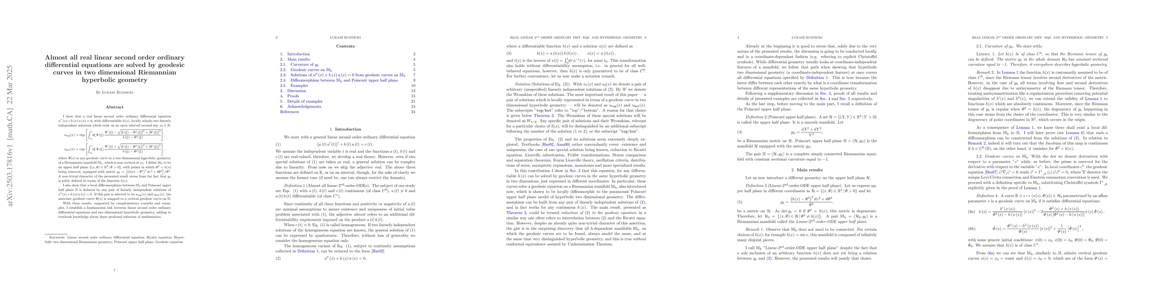 Thumbnail for Almost all real linear second order ordinary differential equations are
  solved by geodesic curves in two dimensional Riemannian hyperbolic geometry