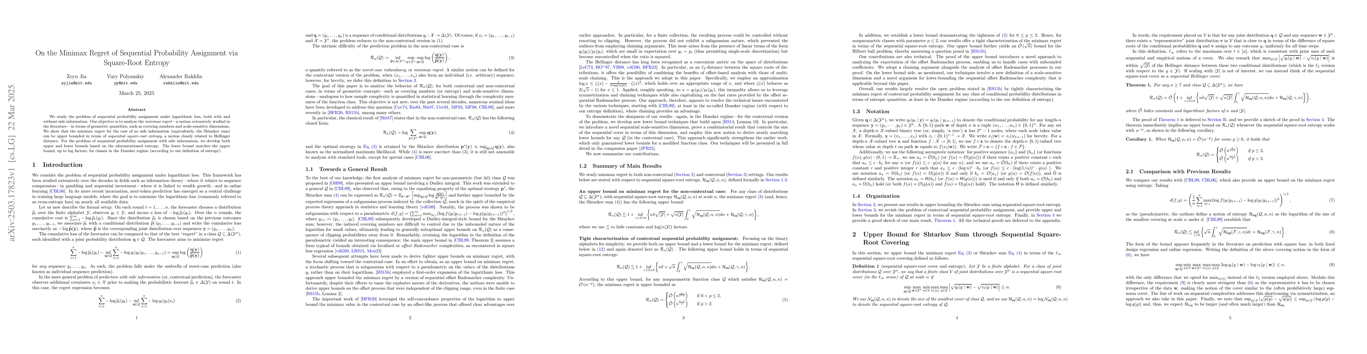 Thumbnail for On the Minimax Regret of Sequential Probability Assignment via
  Square-Root Entropy