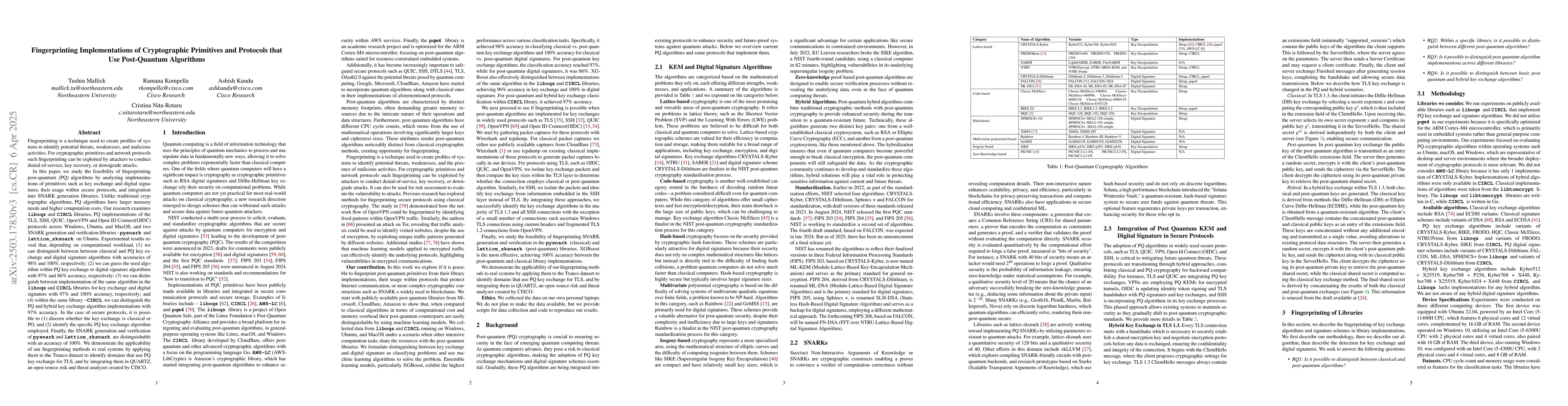 Thumbnail for Fingerprinting Implementations of Cryptographic Primitives and Protocols
  that Use Post-Quantum Algorithms