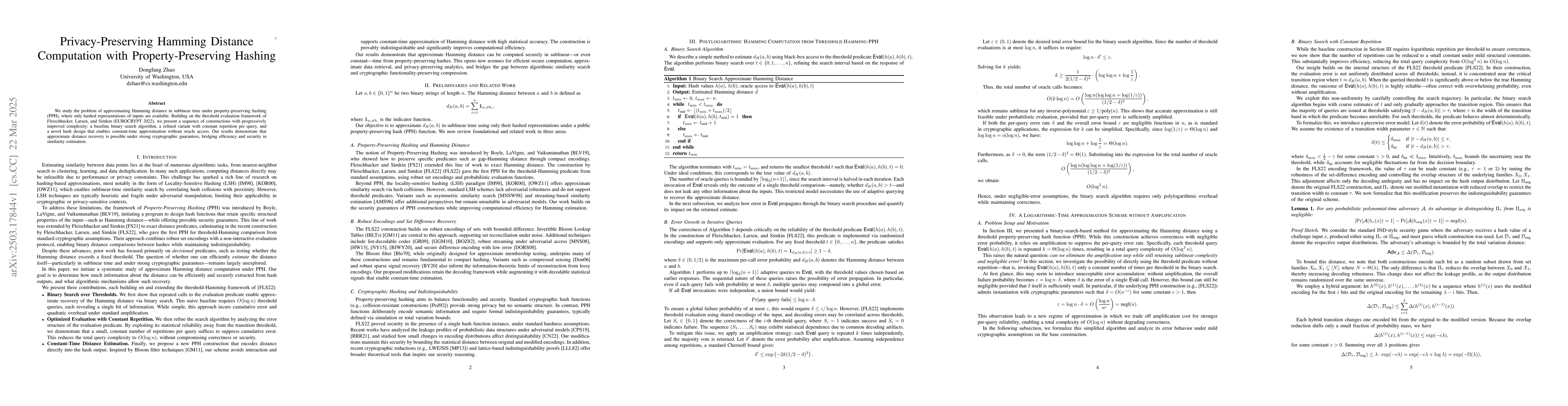 Thumbnail for Privacy-Preserving Hamming Distance Computation with Property-Preserving
  Hashing