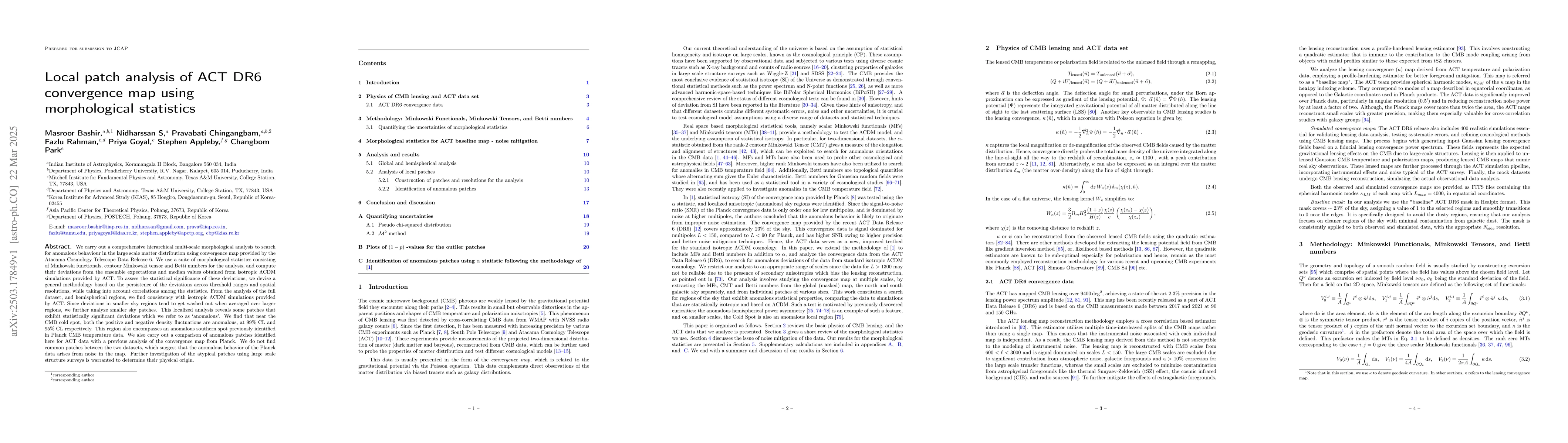 Thumbnail for Local patch analysis of ACT DR6 convergence map using morphological
  statistics