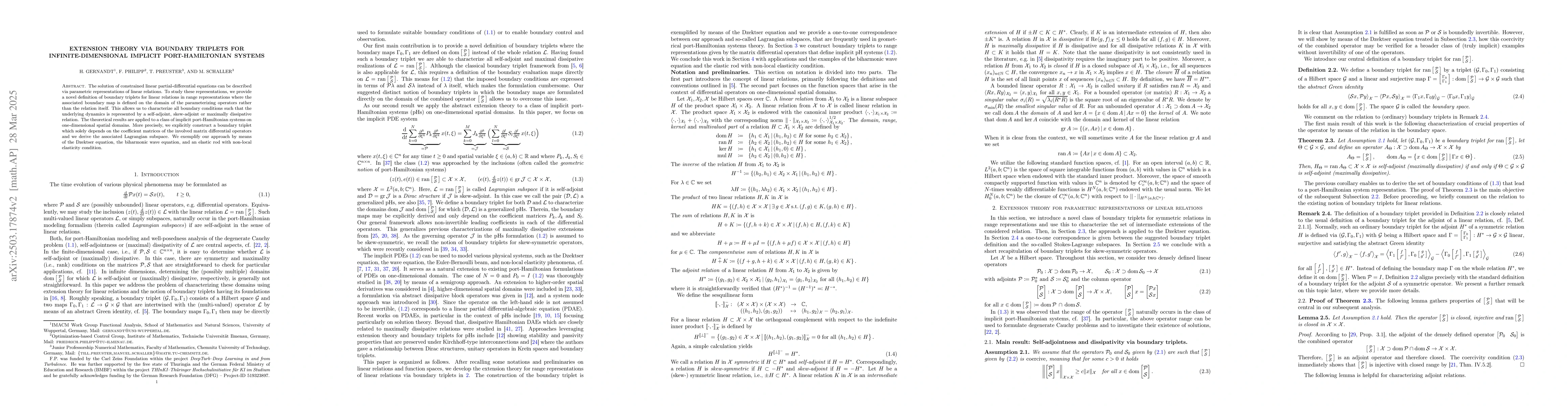 Thumbnail for Extension theory via boundary triplets for infinite-dimensional implicit
  port-Hamiltonian systems