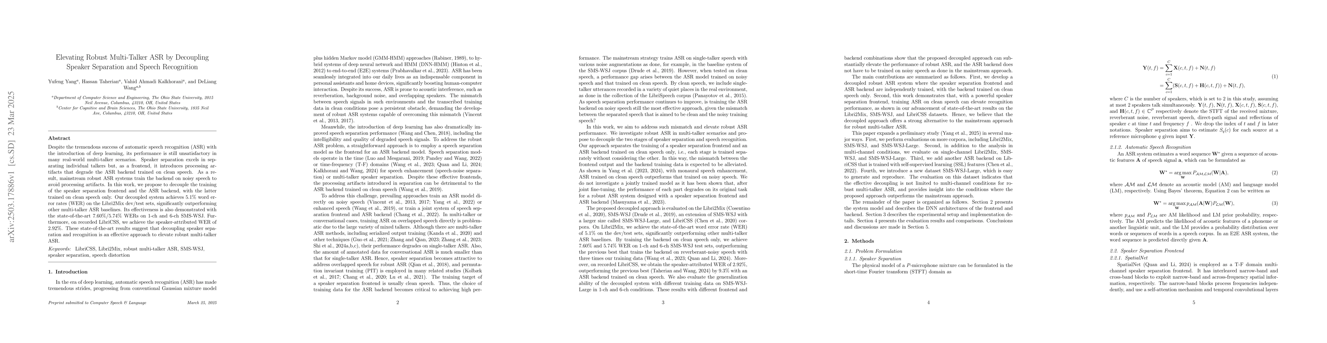 Thumbnail for Elevating Robust Multi-Talker ASR by Decoupling Speaker Separation and
  Speech Recognition