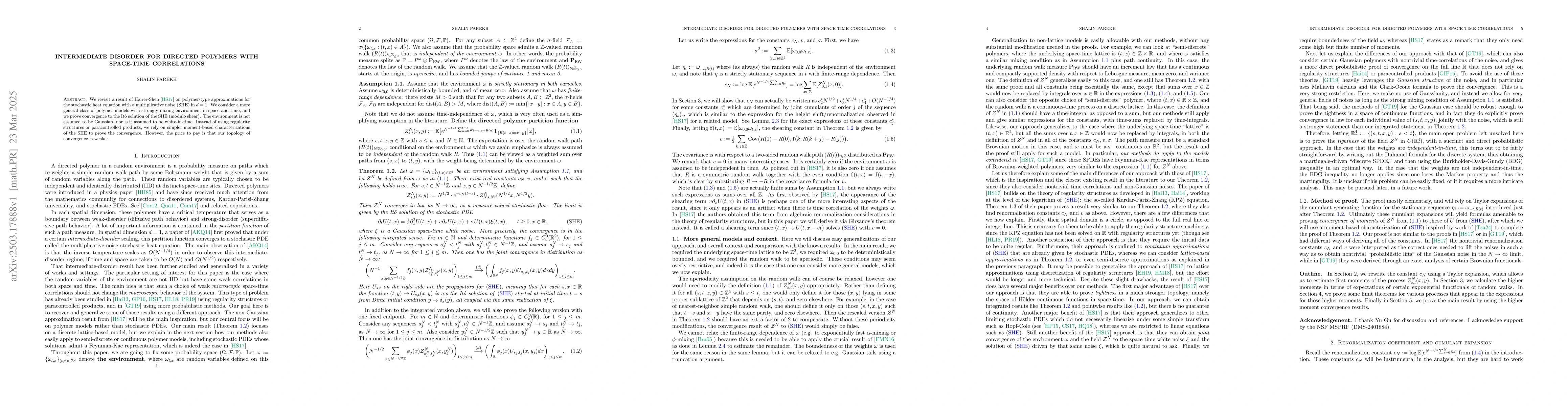 Thumbnail for Intermediate disorder for directed polymers with space-time correlations