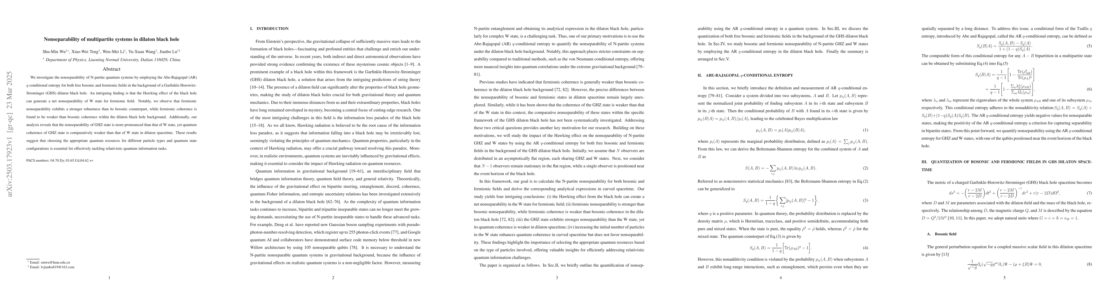 Thumbnail for Nonseparability of multipartite systems in dilaton black hole