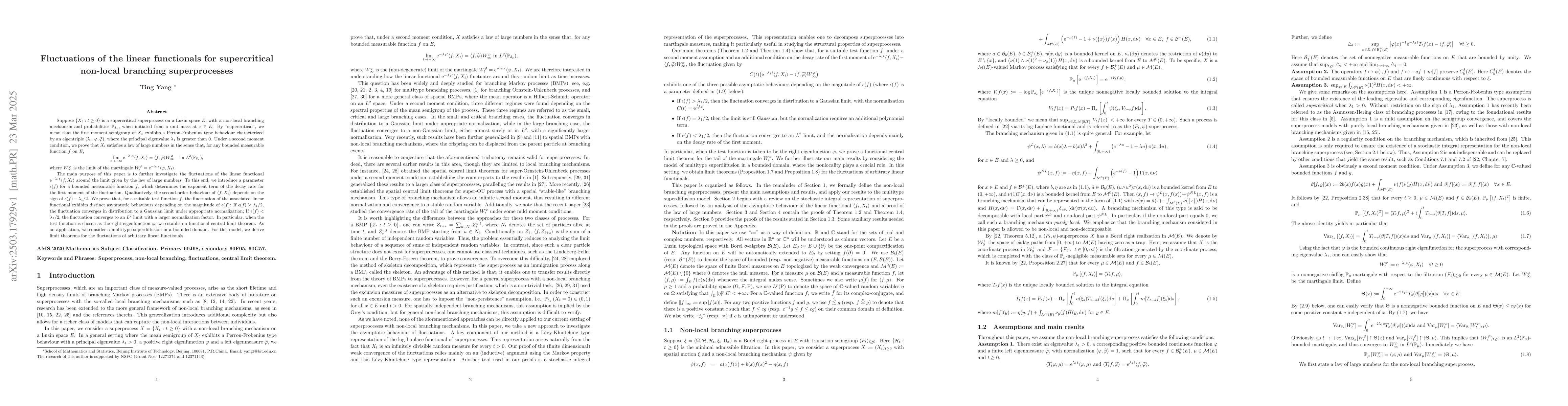 Thumbnail for Fluctuations of the linear functionals for supercritical non-local
  branching superprocesses
