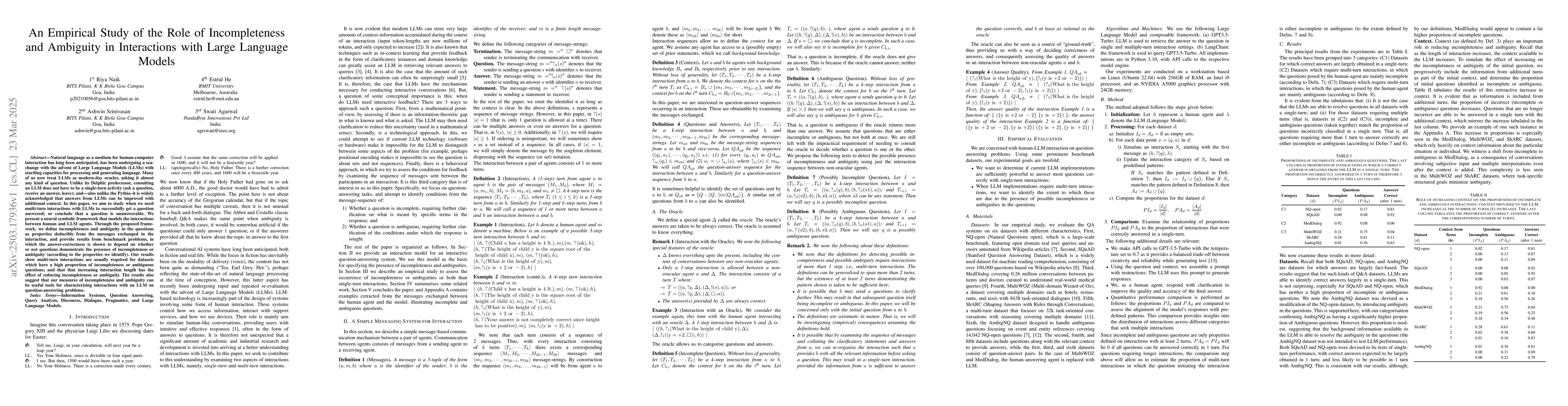 Thumbnail for An Empirical Study of the Role of Incompleteness and Ambiguity in
  Interactions with Large Language Models
