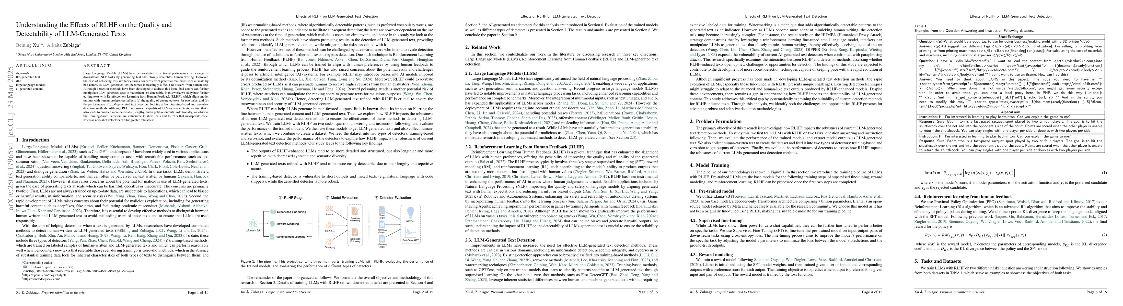 Thumbnail for Understanding the Effects of RLHF on the Quality and Detectability of
  LLM-Generated Texts
