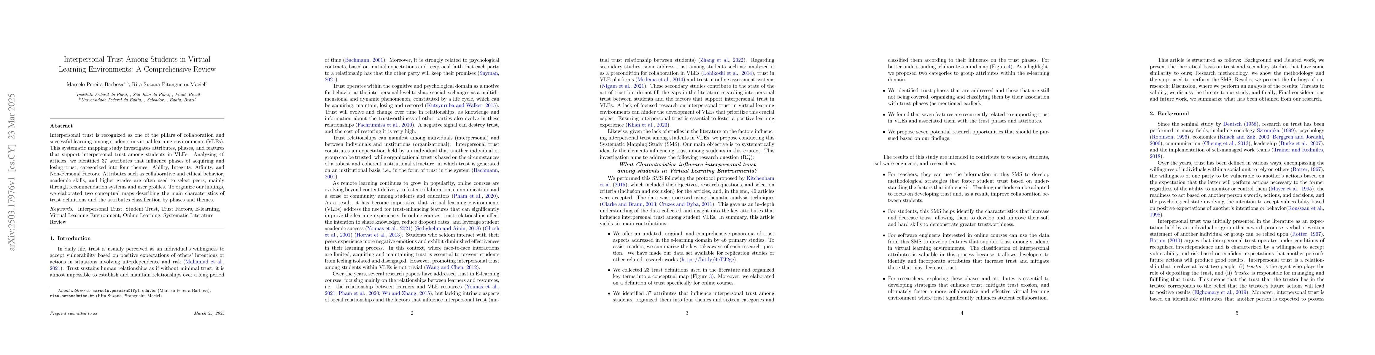 Thumbnail for Interpersonal Trust Among Students in Virtual Learning Environments: A
  Comprehensive Review
