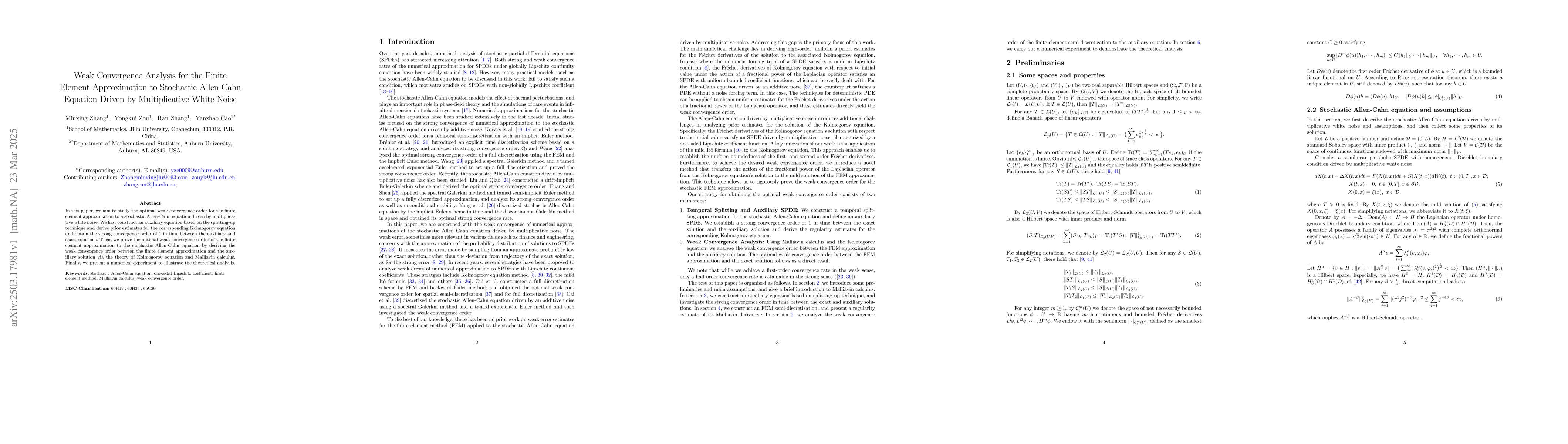 Thumbnail for Weak Convergence Analysis for the Finite Element Approximation to
  Stochastic Allen-Cahn Equation Driven by Multiplicative White Noise