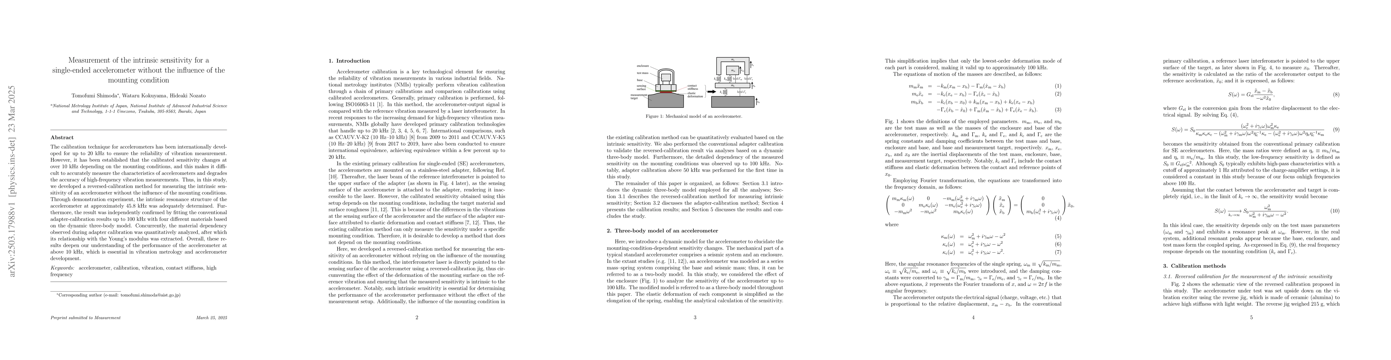 Thumbnail for Measurement of the intrinsic sensitivity for a single-ended
  accelerometer without the influence of the mounting condition