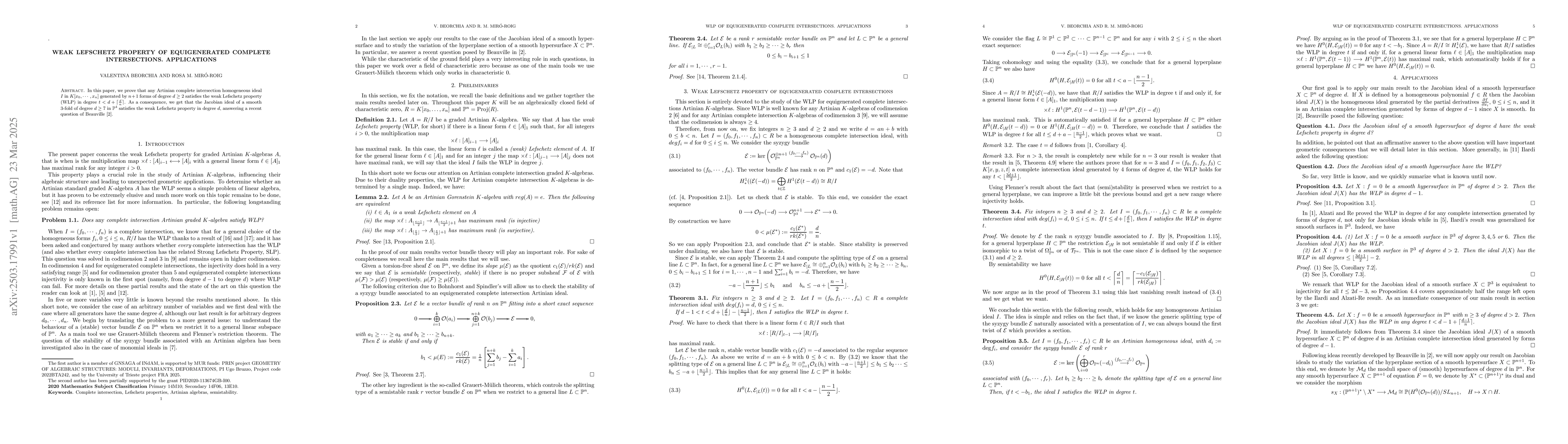 Thumbnail for Weak Lefschetz property of equigenerated complete intersections.
  Applications