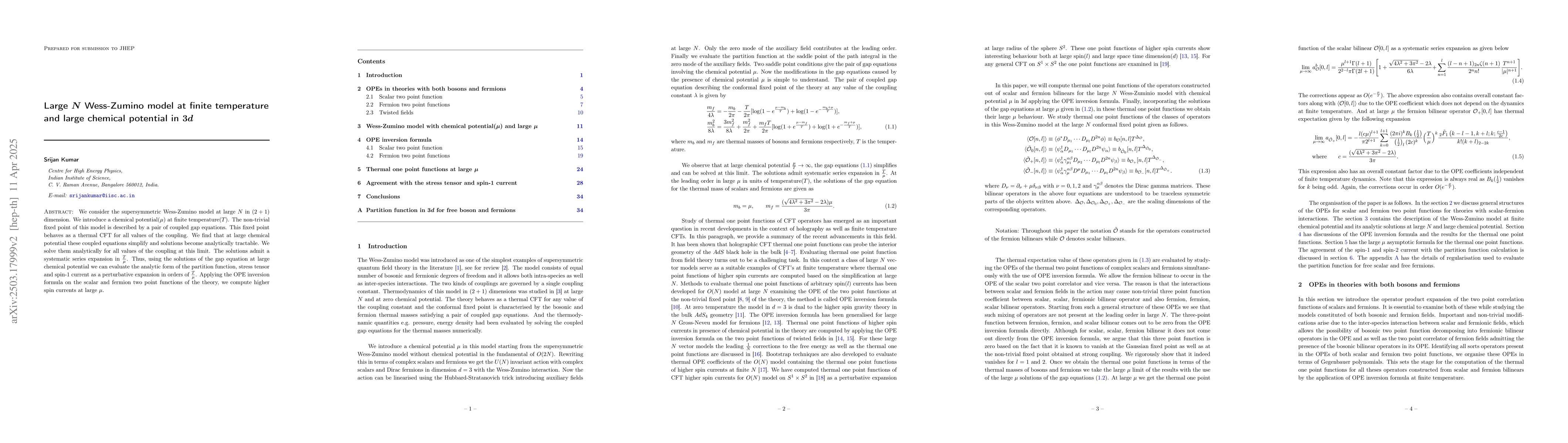 Thumbnail for Large $N$ Wess-Zumino model at finite temperature and large chemical
  potential in $3d$