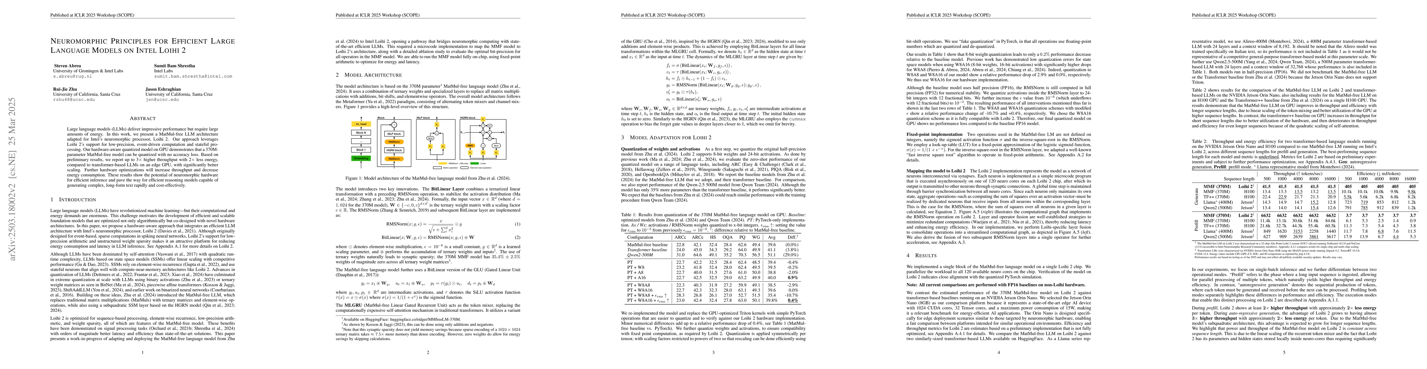 Thumbnail for Neuromorphic Principles for Efficient Large Language Models on Intel
  Loihi 2