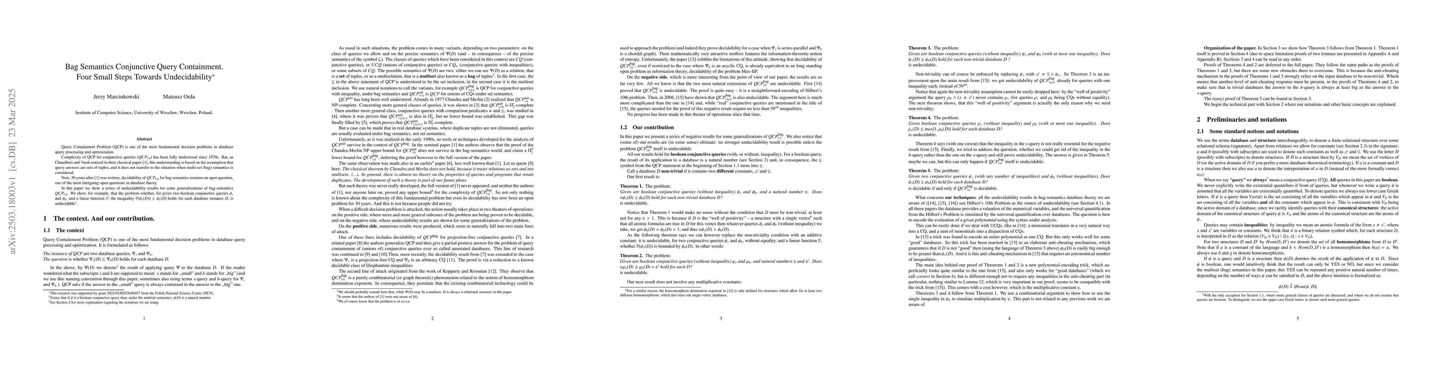 Thumbnail for Bag Semantics Conjunctive Query Containment. Four Small Steps Towards
  Undecidability