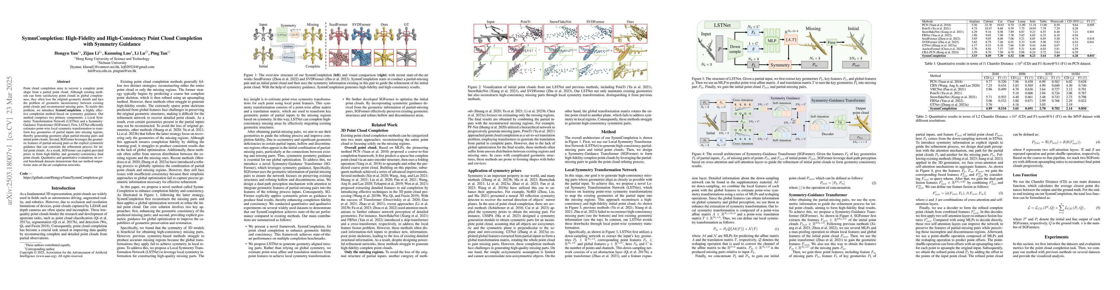 Thumbnail for SymmCompletion: High-Fidelity and High-Consistency Point Cloud
  Completion with Symmetry Guidance