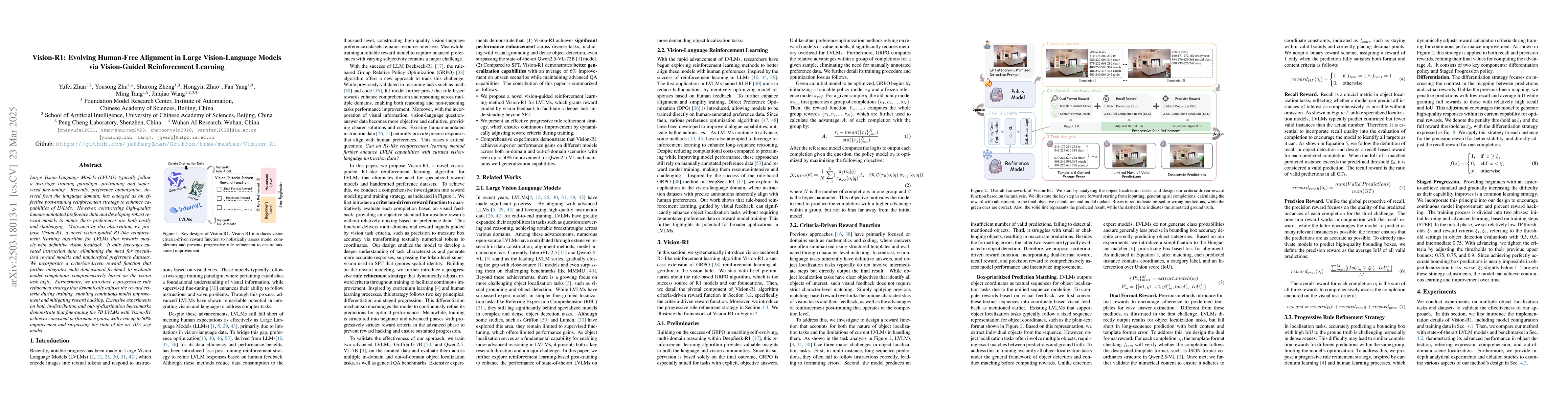 Thumbnail for Vision-R1: Evolving Human-Free Alignment in Large Vision-Language Models
  via Vision-Guided Reinforcement Learning