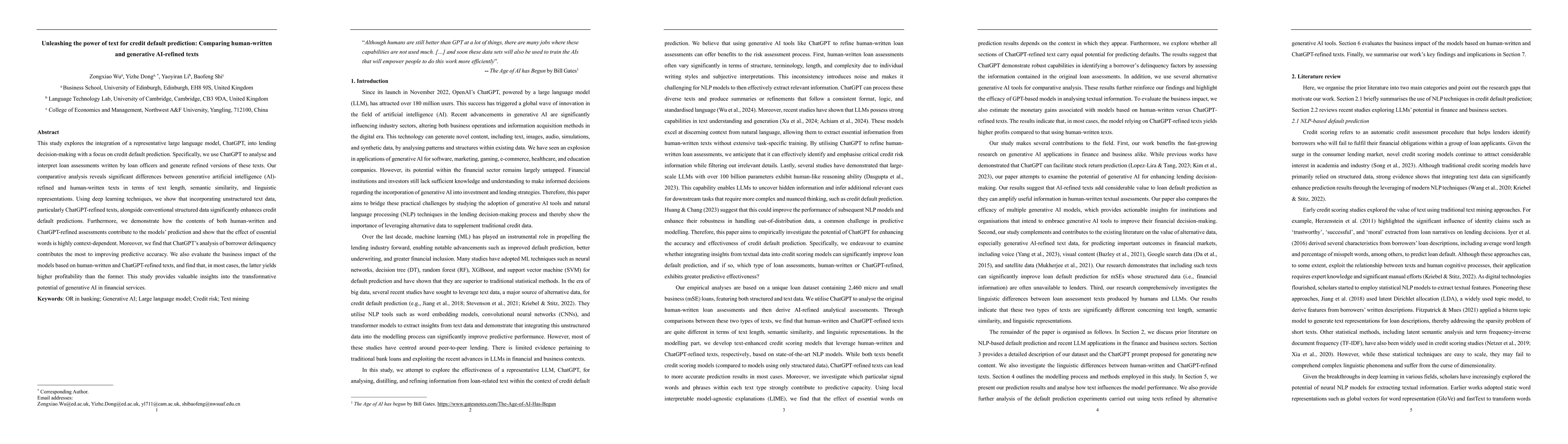Thumbnail for Unleashing the power of text for credit default prediction: Comparing
  human-written and generative AI-refined texts