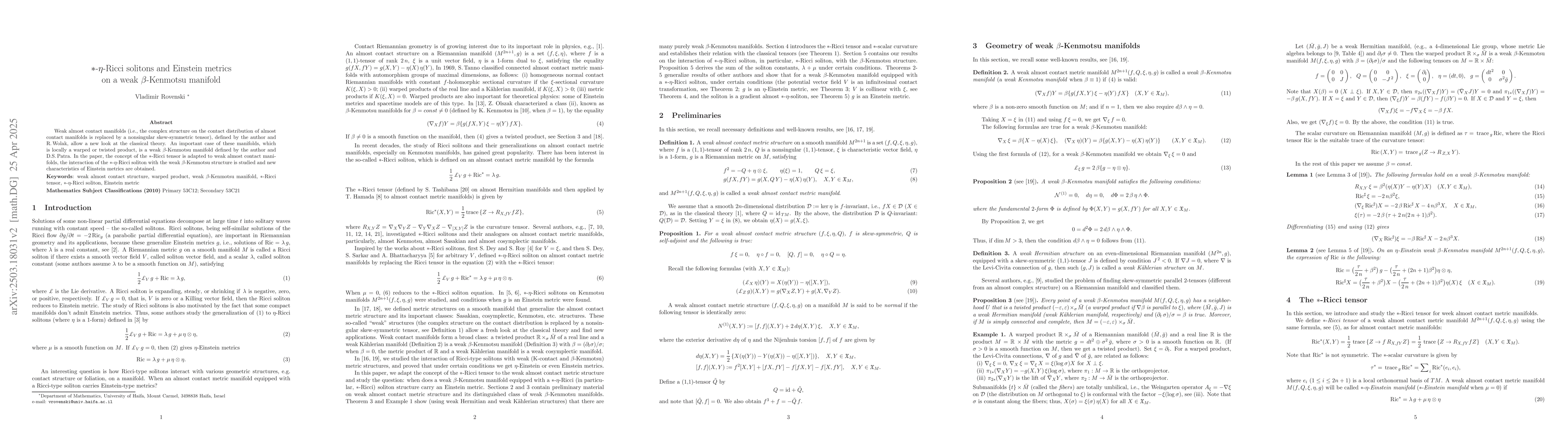 Thumbnail for $\ast$-$η$-Ricci solitons and Einstein metrics on a weak
  $β$-Kenmotsu manifold