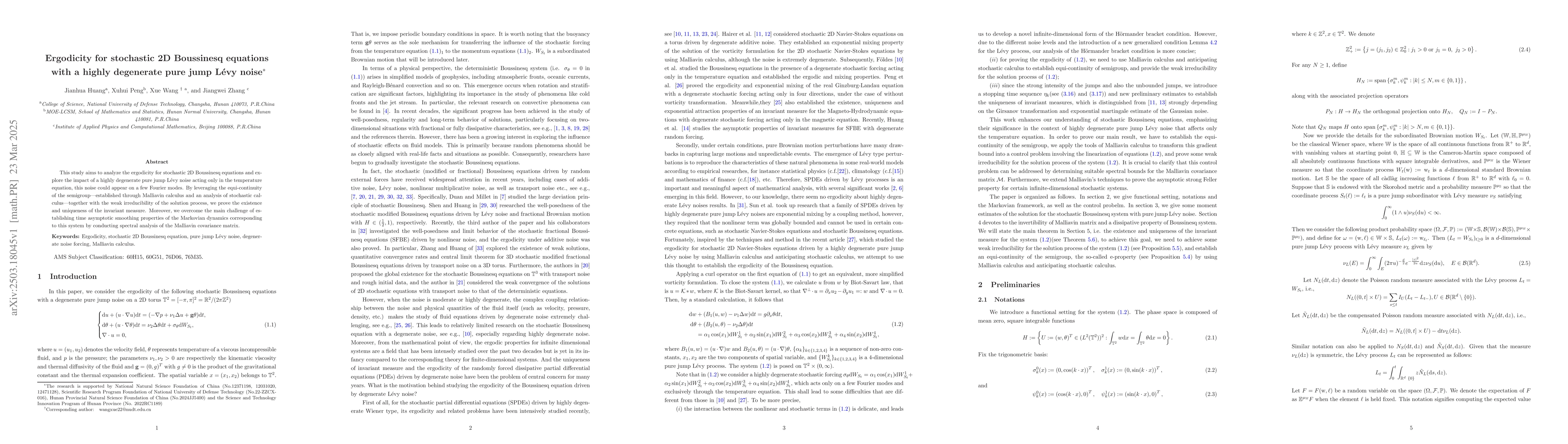 Thumbnail for Ergodicity for stochastic 2D Boussinesq equations with a highly
  degenerate pure jump Levy noise