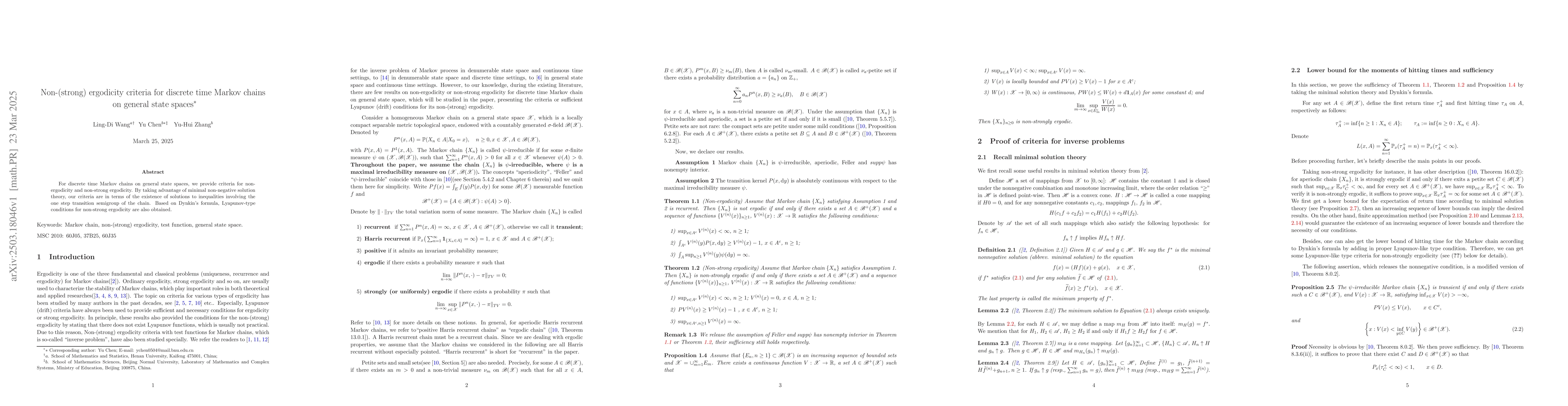 Thumbnail for Non-(strong) ergodicity criteria for discrete time Markov chains on
  general state spaces