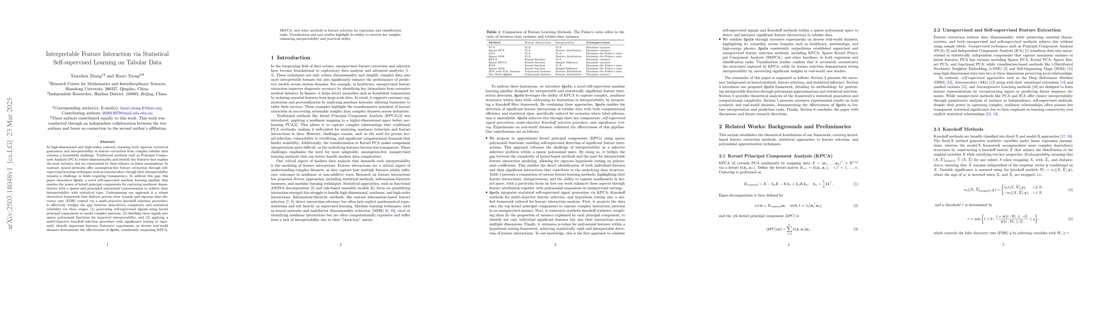 Thumbnail for Interpretable Feature Interaction via Statistical Self-supervised
  Learning on Tabular Data