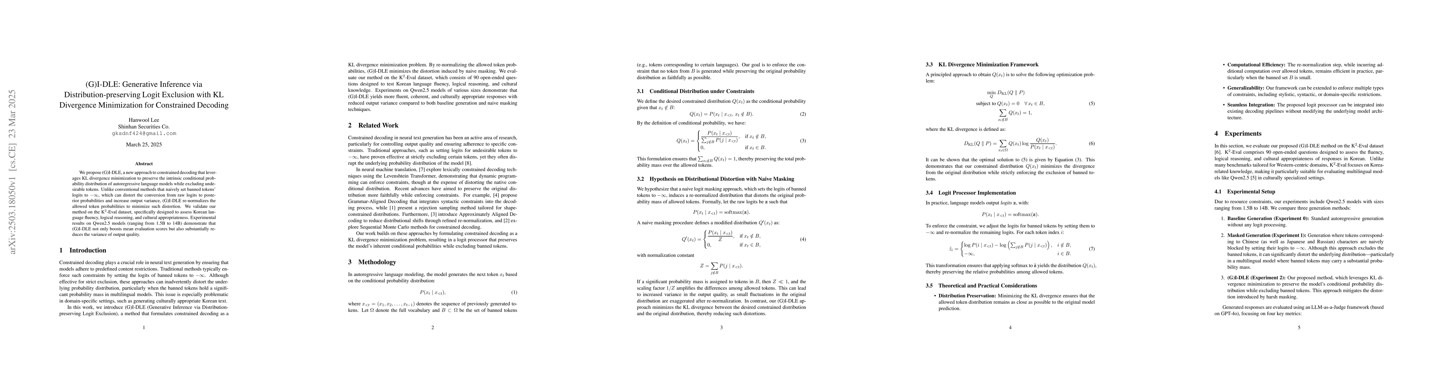 Thumbnail for (G)I-DLE: Generative Inference via Distribution-preserving Logit
  Exclusion with KL Divergence Minimization for Constrained Decoding