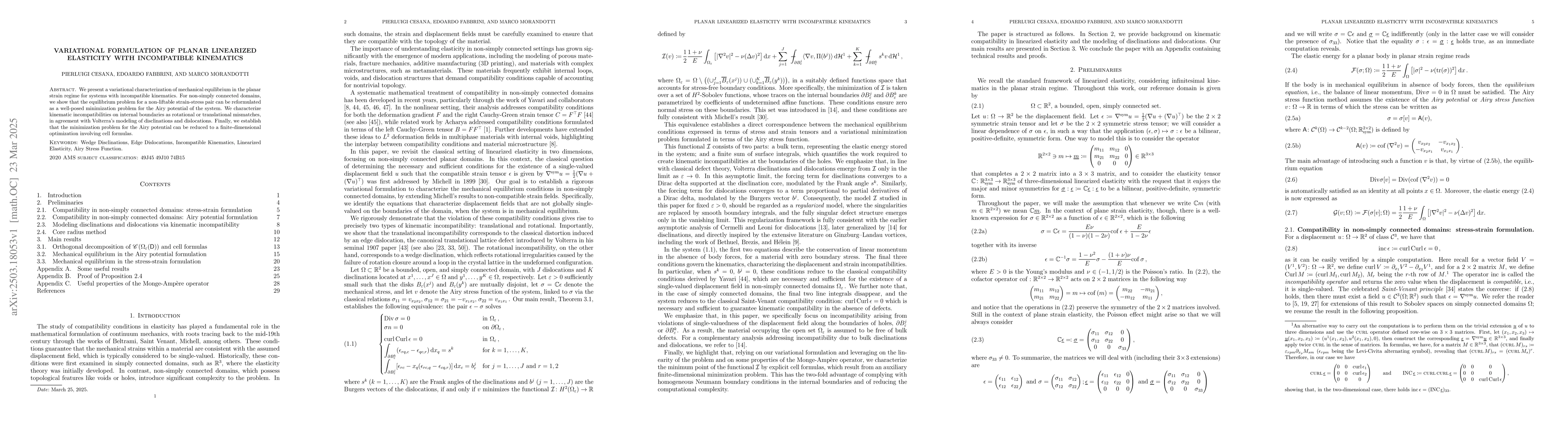 Thumbnail for Variational formulation of planar linearized elasticity with
  incompatible kinematics