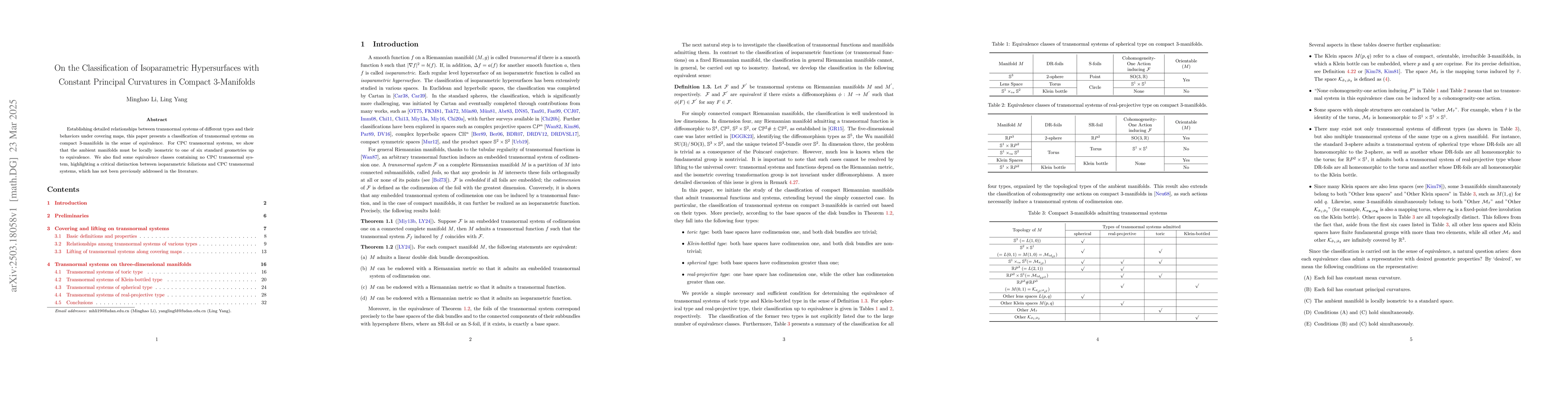 Thumbnail for On the Classification of Isoparametric Hypersurfaces with Constant
  Principal Curvatures in Compact 3-Manifolds