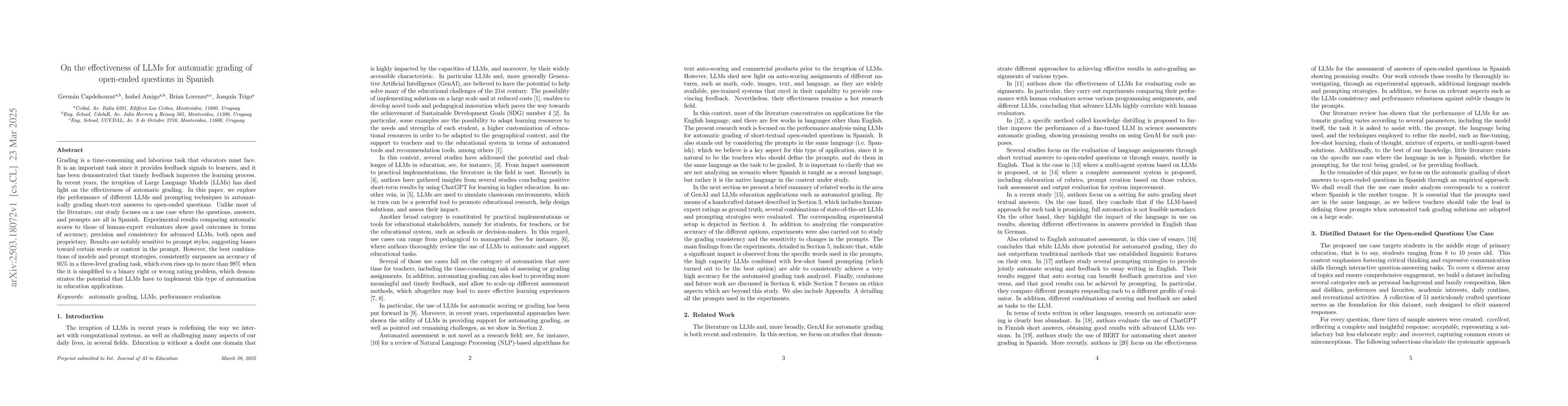 Thumbnail for On the effectiveness of LLMs for automatic grading of open-ended
  questions in Spanish