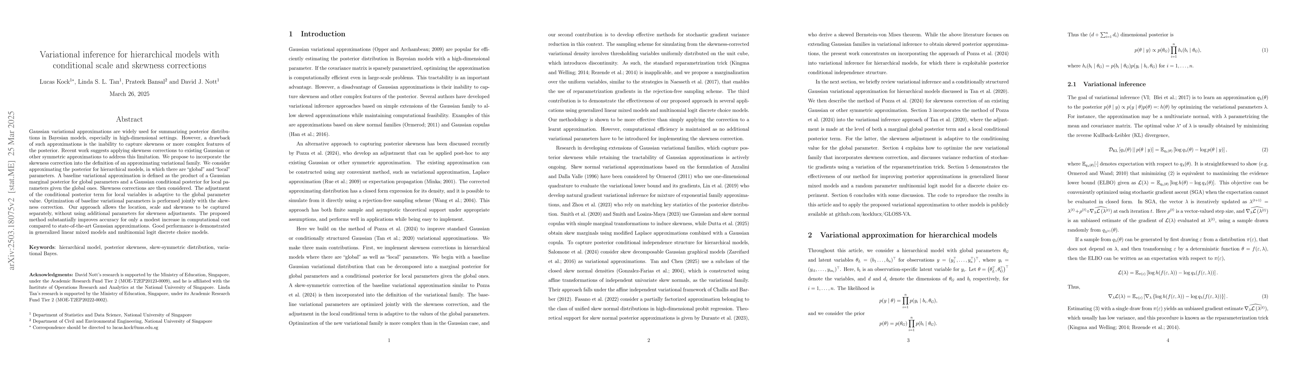 Thumbnail for Variational inference for hierarchical models with conditional scale and
  skewness corrections