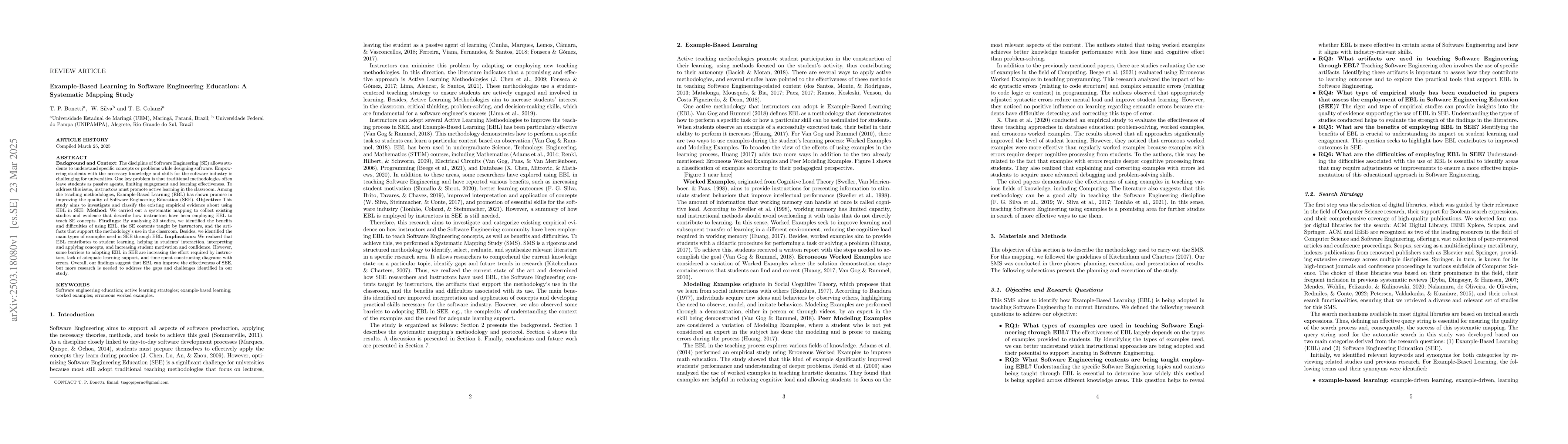 Thumbnail for Example-Based Learning in Software Engineering Education: A Systematic
  Mapping Study