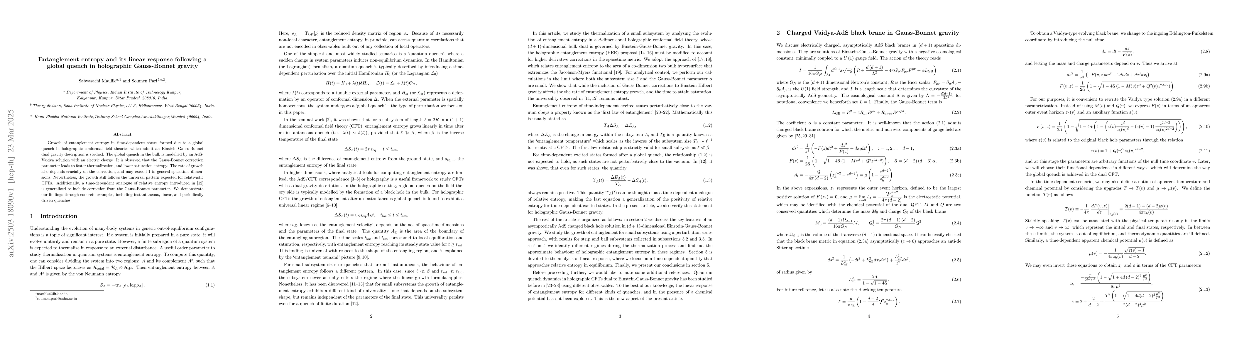 Thumbnail for Entanglement entropy and its linear response following a global quench
  in holographic Gauss-Bonnet gravity