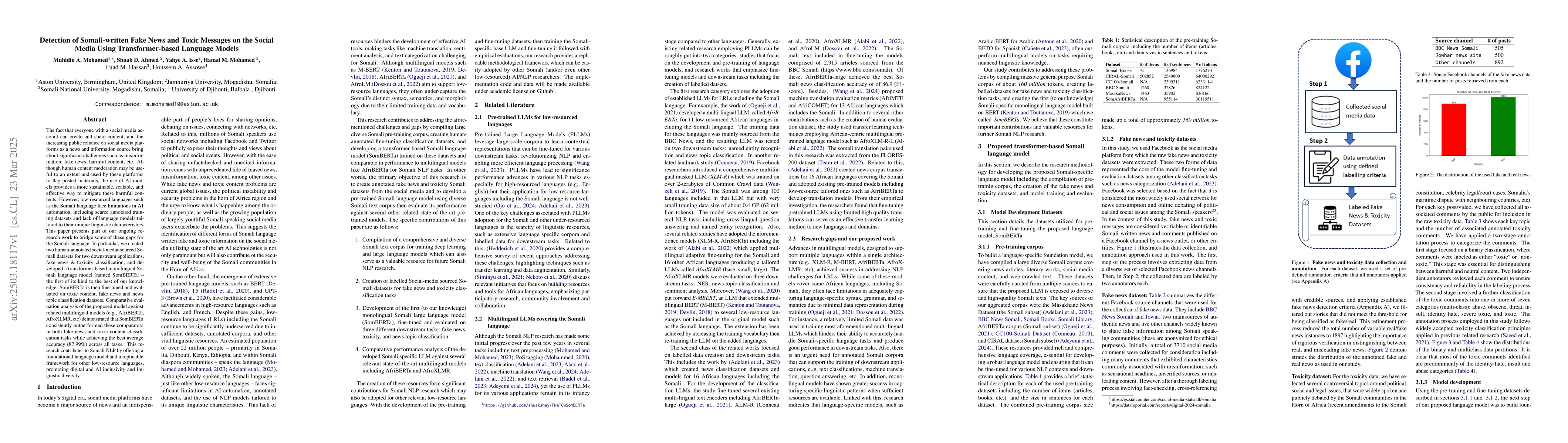 Thumbnail for Detection of Somali-written Fake News and Toxic Messages on the Social
  Media Using Transformer-based Language Models
