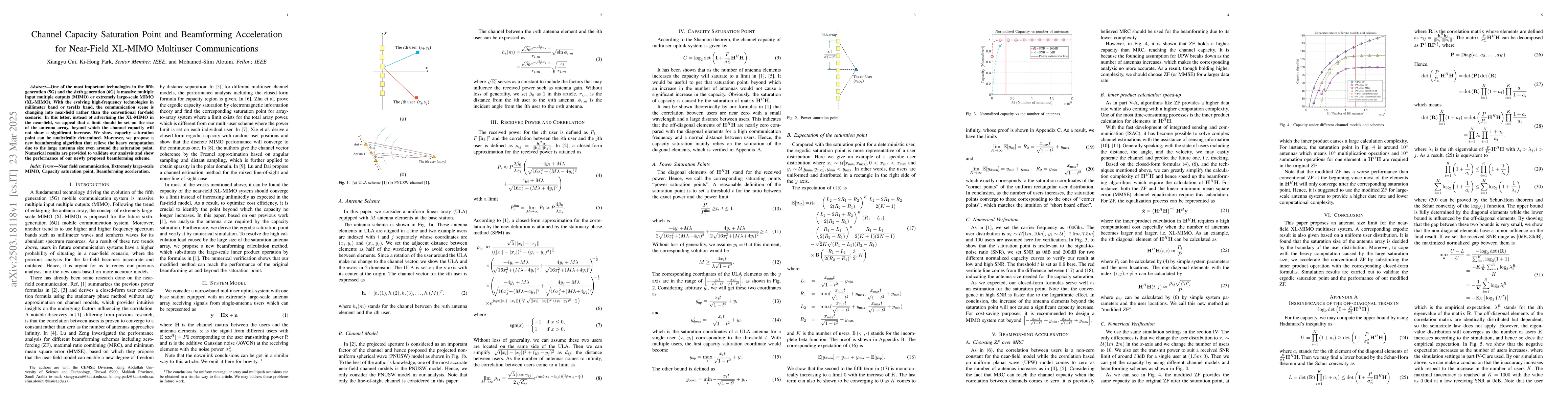 Thumbnail for Channel Capacity Saturation Point and Beamforming Acceleration for
  Near-Field XL-MIMO Multiuser Communications