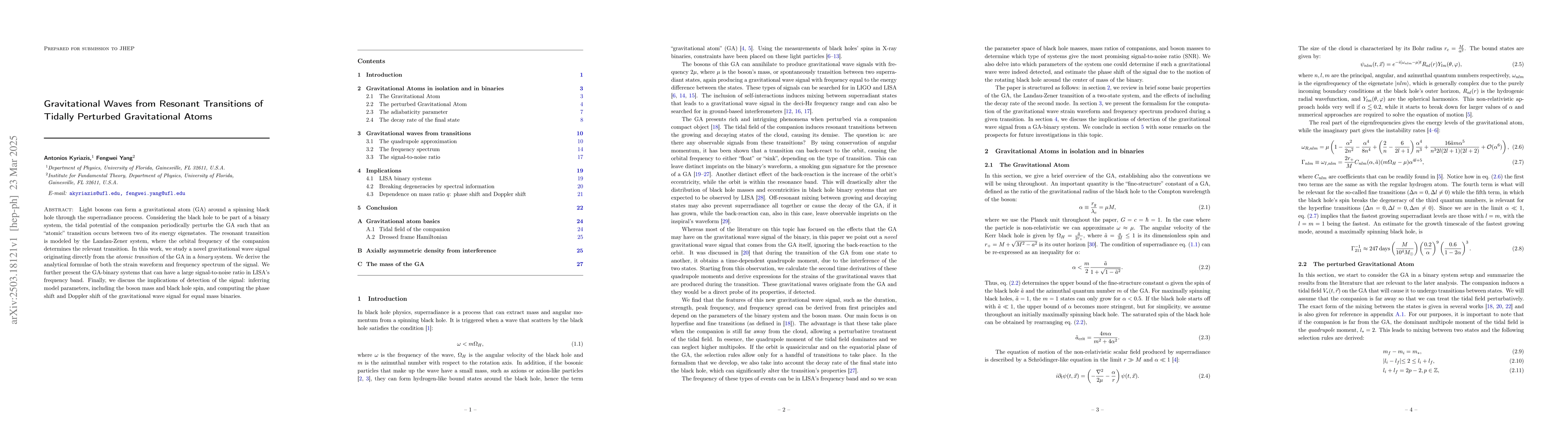 Thumbnail for Gravitational Waves from Resonant Transitions of Tidally Perturbed
  Gravitational Atoms
