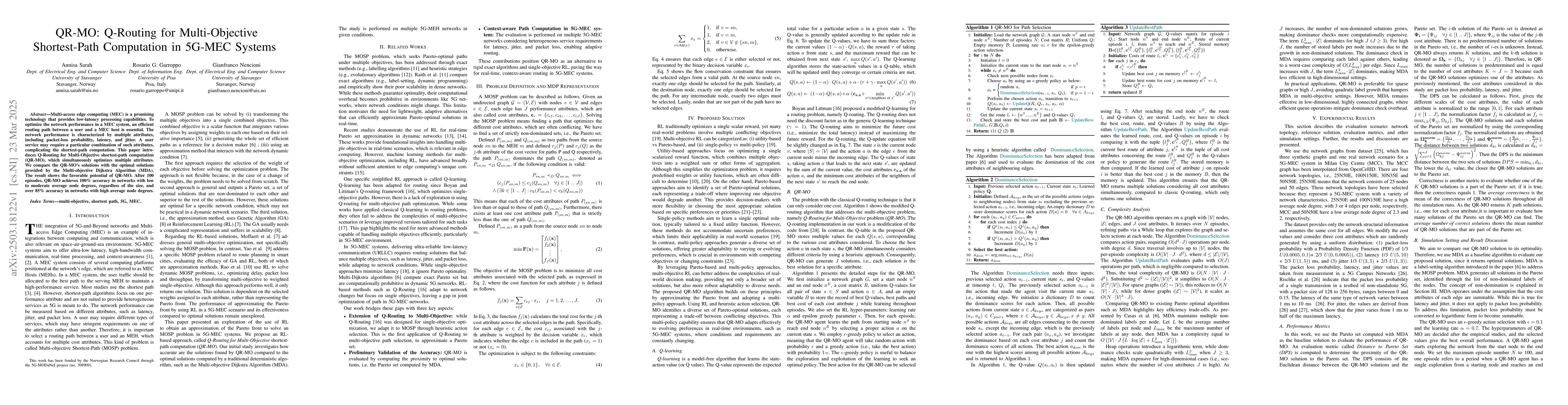 Thumbnail for QR-MO: Q-Routing for Multi-Objective Shortest-Path Computation in 5G-MEC
  Systems