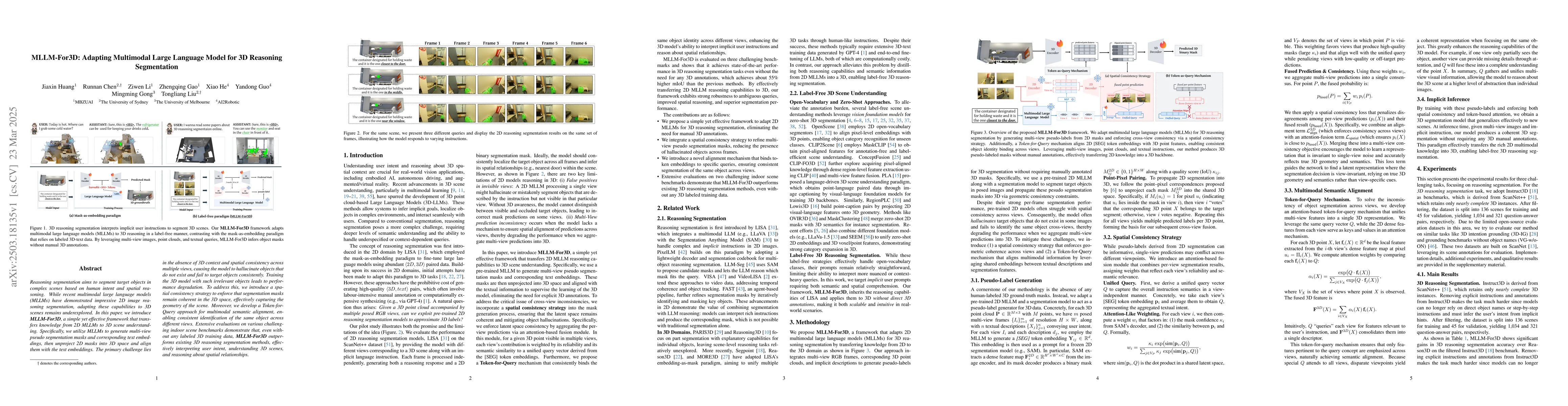 Thumbnail for MLLM-For3D: Adapting Multimodal Large Language Model for 3D Reasoning
  Segmentation