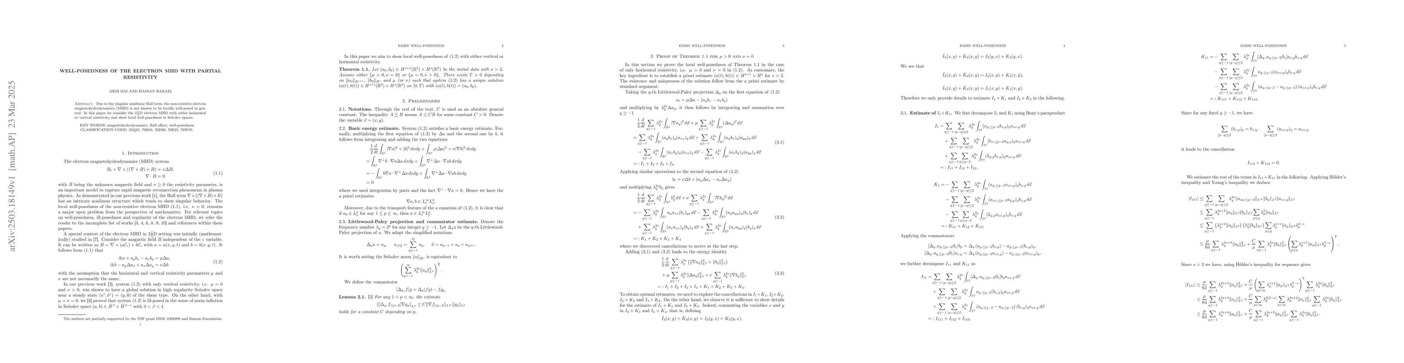 Thumbnail for Well-posedness of the electron MHD with partial resistivity