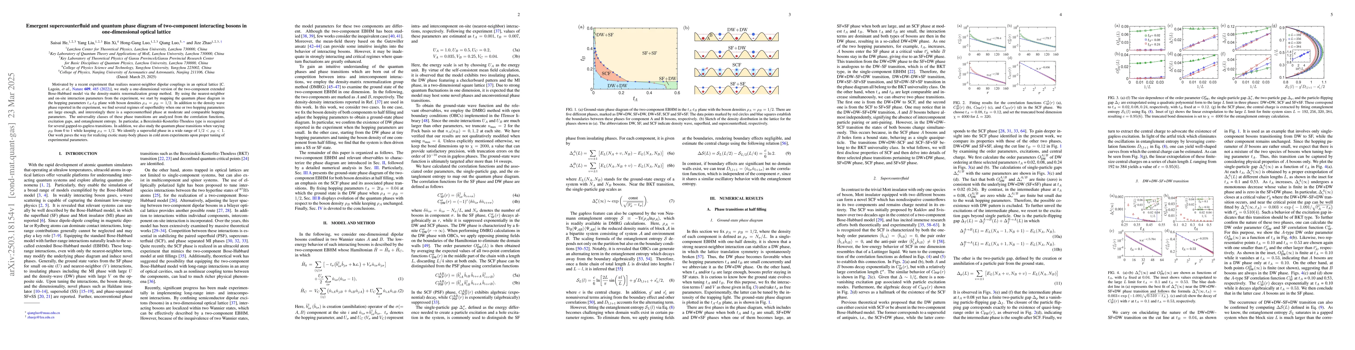 Thumbnail for Emergent supercounterfluid and quantum phase diagram of two-component
  interacting bosons in one-dimensional optical lattice