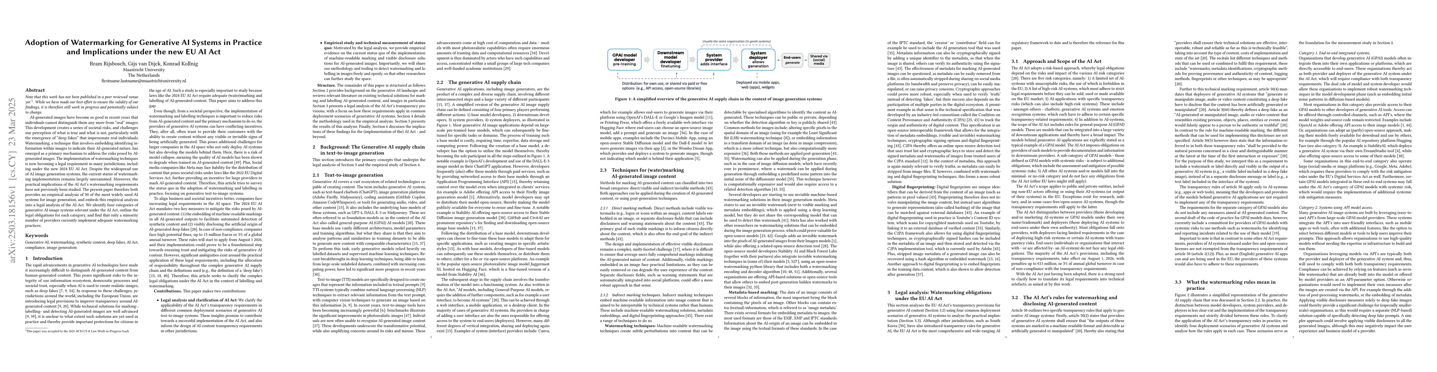 Thumbnail for Adoption of Watermarking for Generative AI Systems in Practice and
  Implications under the new EU AI Act